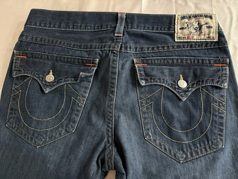 Vintage True Religion Billy Wide Bootcut Jeans Mens 38x32 USA Made Flap Y2K